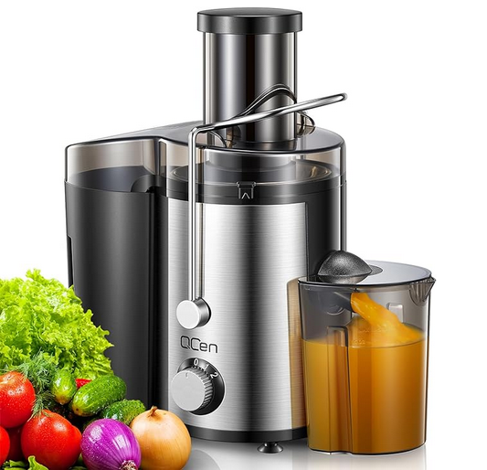 Qcen Juicer Machine, 800W Centrifugal Juicer Extractor with Wide Mouth 3” Feed Chute for Fruit Vegetable, Easy to Clean, Stainless Steel, BPA-free (Black)